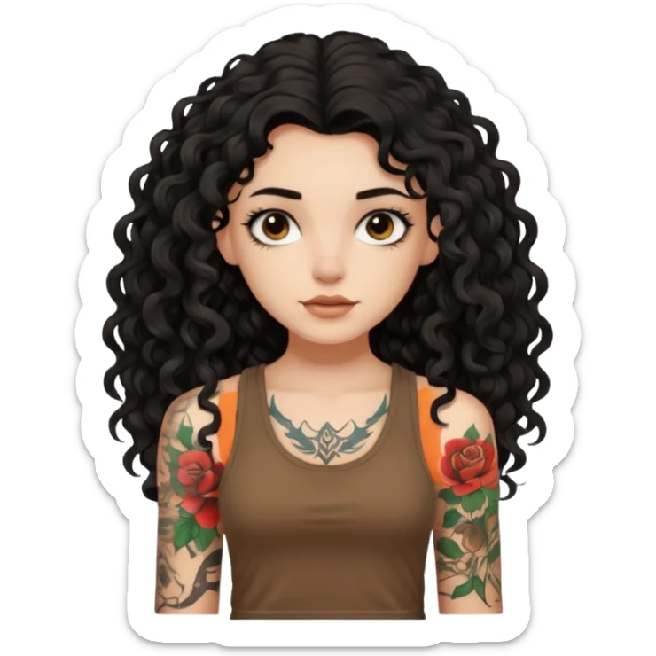 a pretty bratz fair girl with black long curly hair in a brown tank top with tattoos sticker