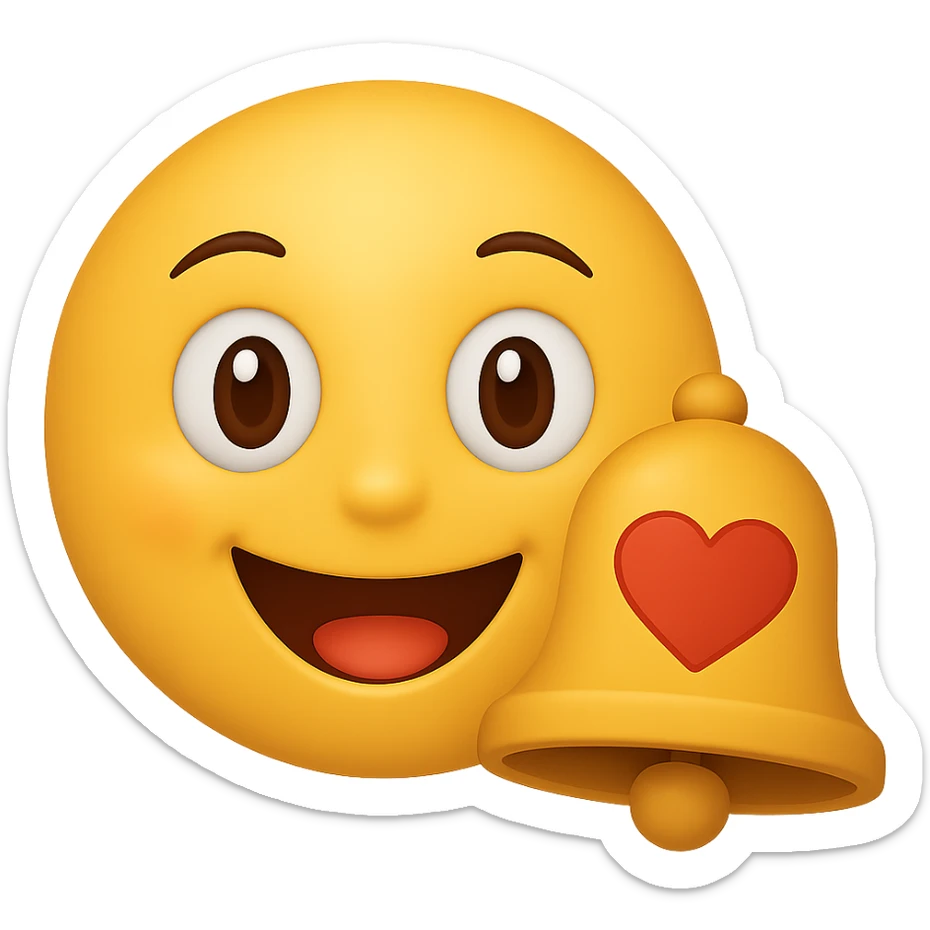 Add a notification bell with a heart to the classic yellow emoji, keeping the background transparent. The emoji should have a social media marketing vibe with a classic yellow emoji style. sticker