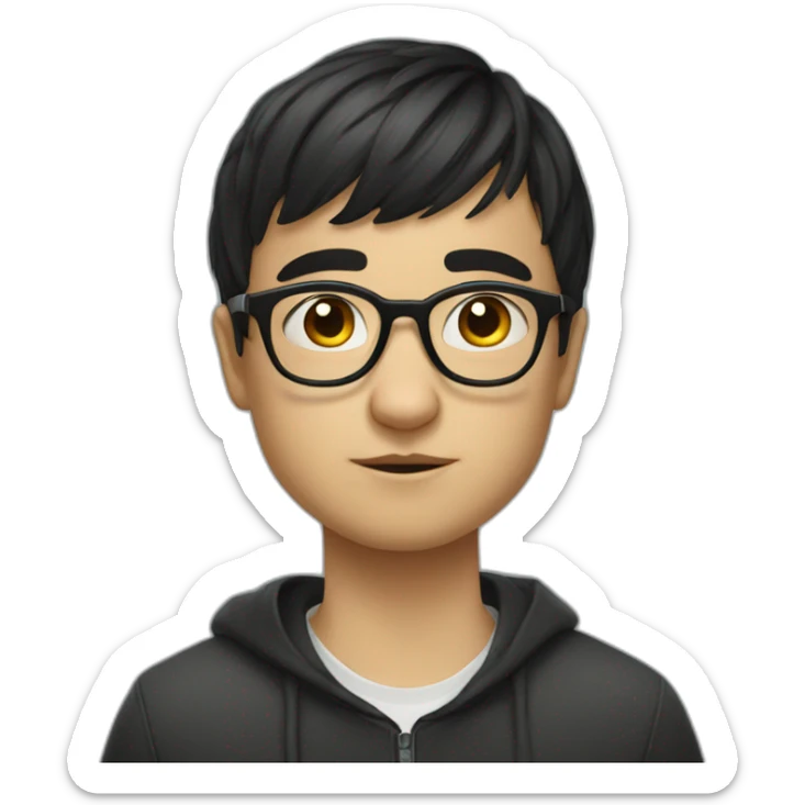 Russian boy in glasses with short black bangs wearing glasses and a stupid look sticker