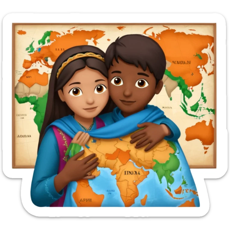 An Afghan girl and Indian boy who are in long distance relationship hug each other from distance.  Afghan girl from on Afghanistan map and boy on India map, they hug each other from this distance. sticker