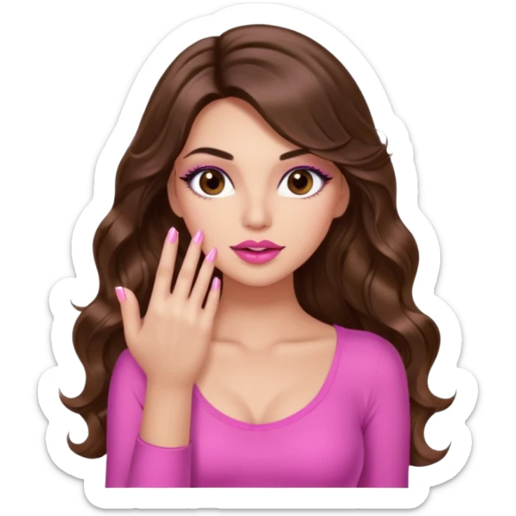 girl with long wavy brown hair, brown eyes, light to medium complexion, in a pink sexy top, pink lips, long lashes, puckered lips, showing my manicure one hand 5 fingers sticker