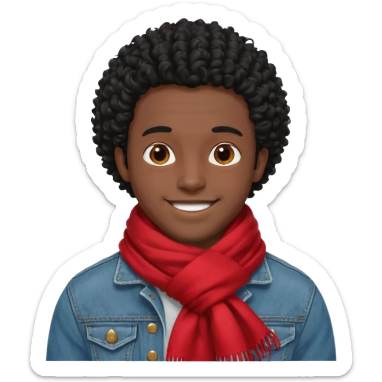 black skin man, curly black hair wear big red scraft, jean jacket sticker