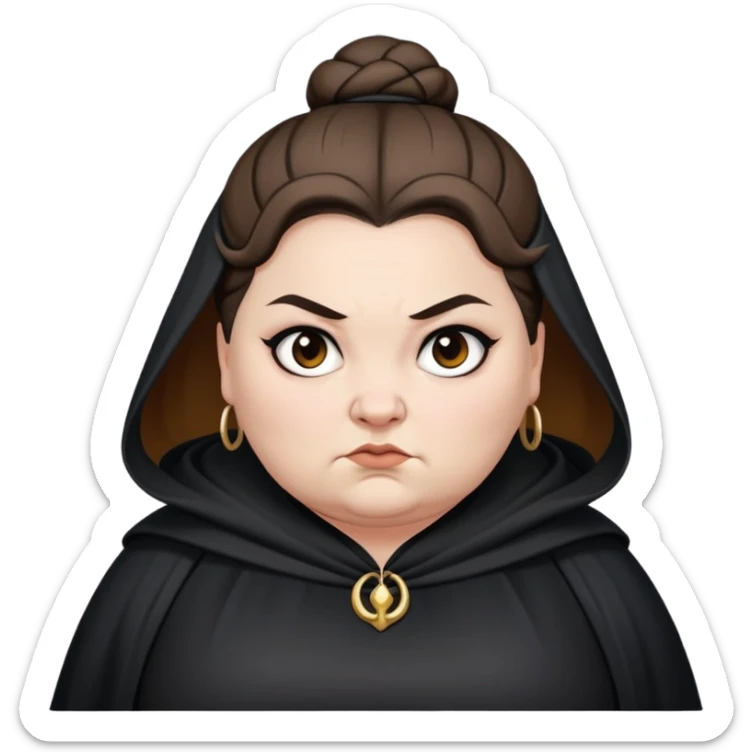 Alecto Carrow in harry potter, a white fat woman , brown one knot bun hair, look evil, black cloak sticker