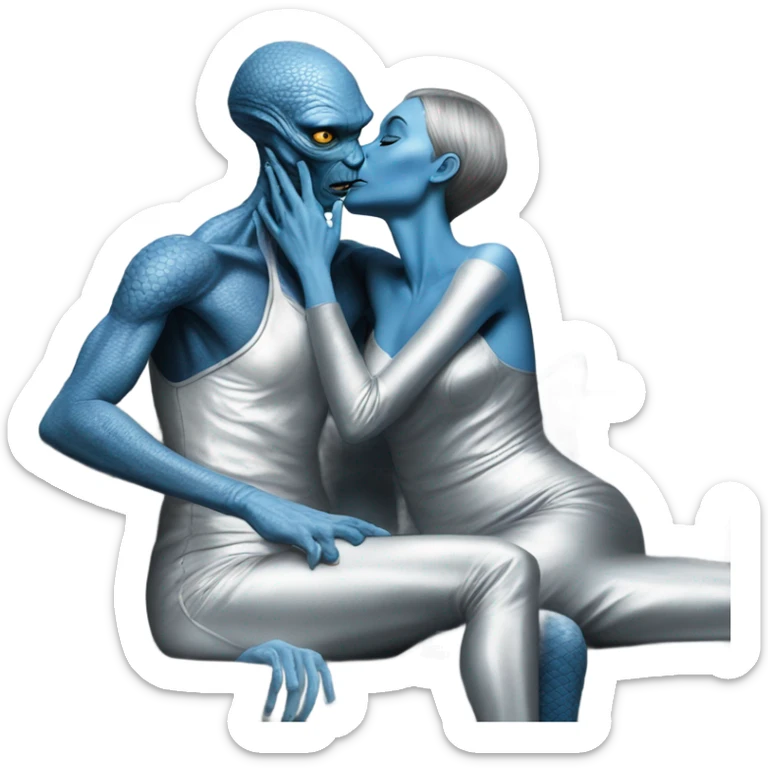 A reptilian alien woman in silver dress kissing human man in blue dress, on sofa sticker