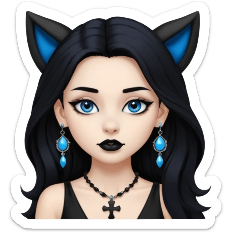 A girl with long black hair and blue eyes, black eyeshadow, black eye liner, mascara, and black lipstick, and black skull earrings. Also a black sexy dress and wolf ears  and a black pendent necklace and a black cross below her right eye sticker