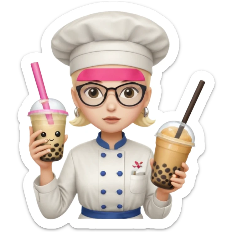 A Angry Teen Female with Pale skin and Bald, wearing a Uniform outfit, a Chef hat, Sunglasses, carrying a Wand, working as a scientist, while drinking Bubble tea and reading a Book.
 sticker