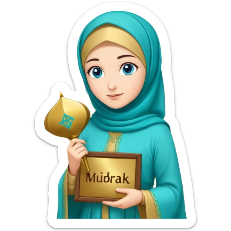 Turkish beautiful finish Konya girl blue eyes with gold hijab and islamic long tailed turquoise dress on the ground at garden and had on her hand text Eid Mubarak  sticker