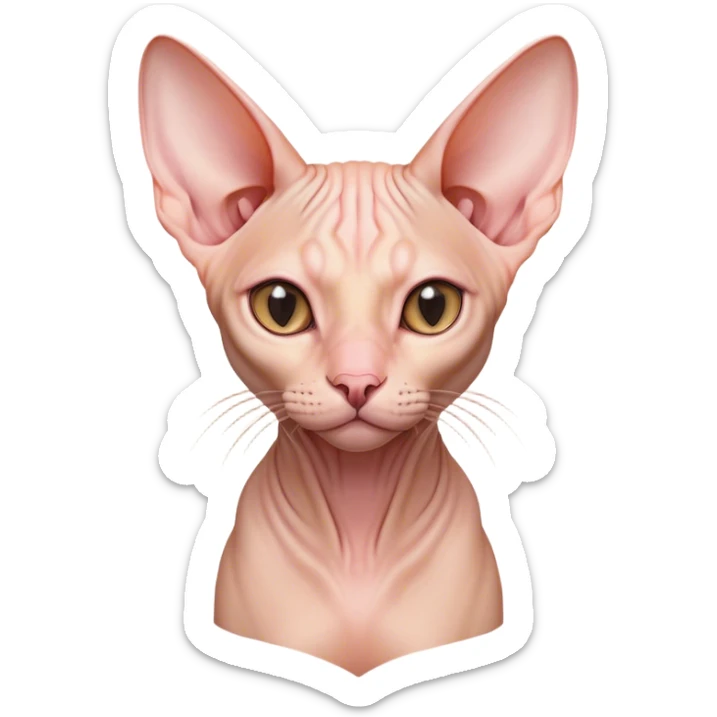 Cinematic Noble Sphynx Cat Portrait Emoji, Poised and regal, with smooth, hairless skin in warm peach and soft pink tones, striking large ears and intense almond-shaped eyes, Simplified yet sharp and sophisticated features, highly detailed, glowing with a soft, dignified glow, high shine, intelligent and graceful, stylized with an air of elegance, focused and attentive, soft glowing outline, capturing the essence of a watchful and refined feline, so majestic it feels as though it could glide across the screen with effortless confidence! sticker