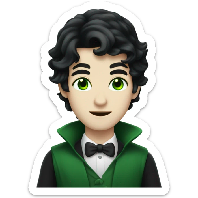 teenage white-skinned magician with black hair, green eyes in dark green disguise sticker