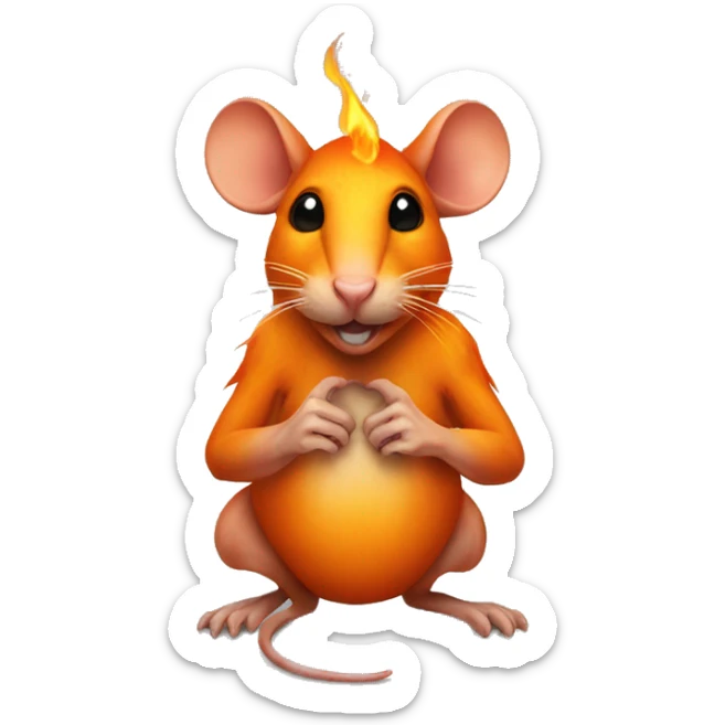 an orange rat with a tattoo on its chest in the shape of a flame sticker