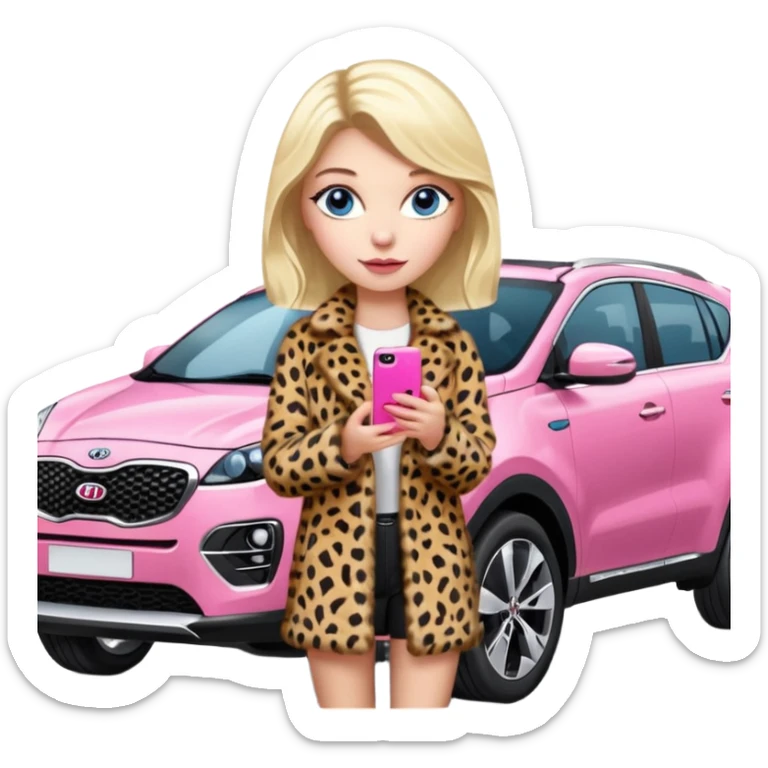 a blondie queen Arina in a leopard fur and pink iPhone 16 on her kia Sportage white car. blue eyes sticker