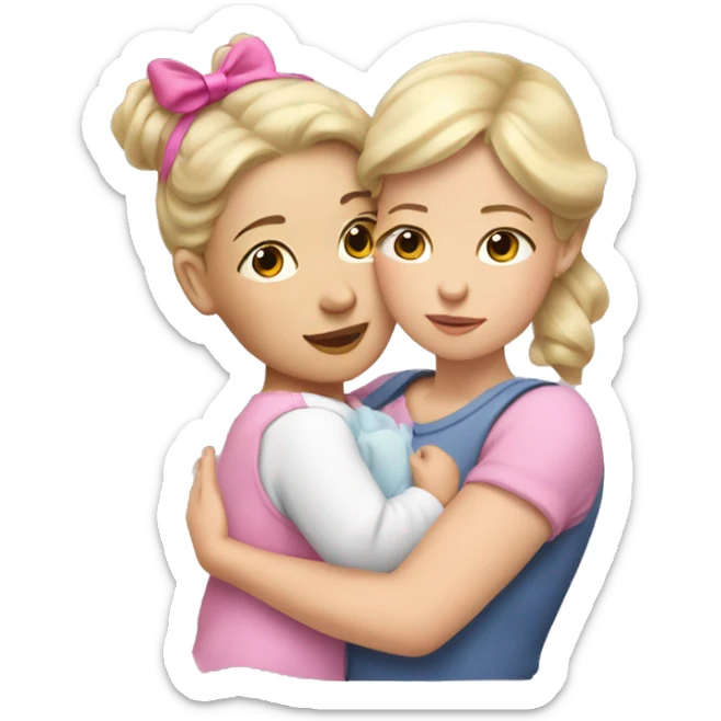 white blonde woman cuddling with baby girl with short light brown hair with a big pink bow on her head  sticker