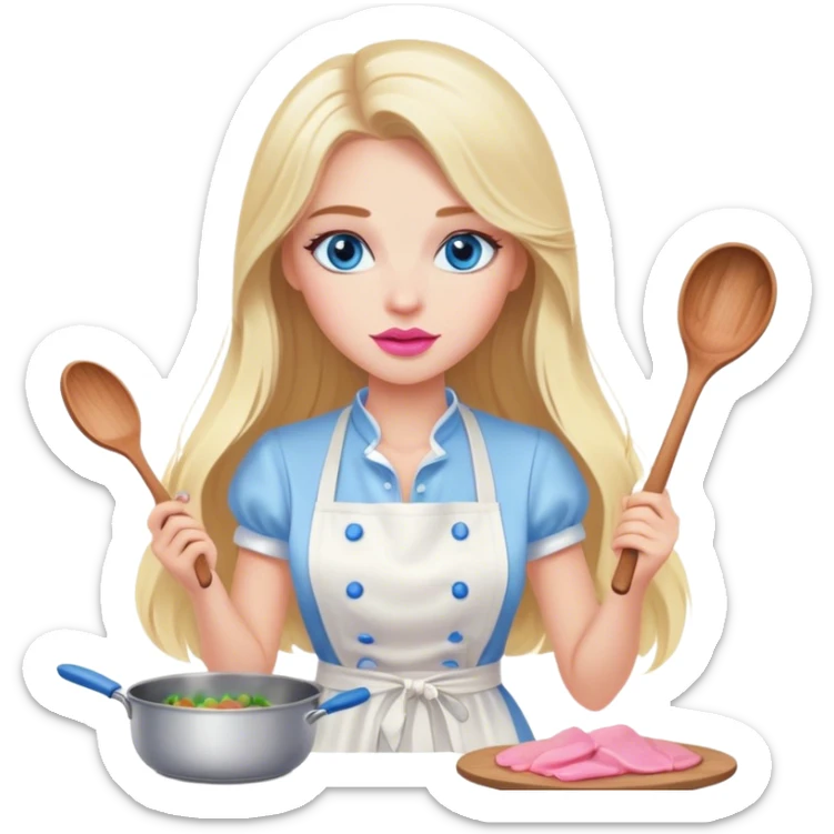 Cinematic realistic beautiful blonde with long hair, blue eyes and pink lips in a white dress cooks sticker