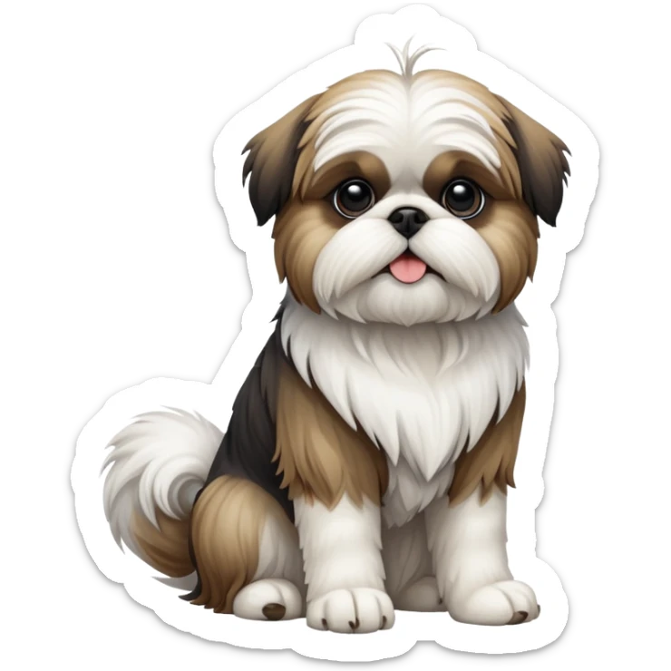cinematic-[Shish tzu]-realistic-full-body-sitting-emoji,-tail-resting-loosely-beside-its-paws,-head-tilted-dramatically, -scruffy-[white]-fur,-simplified-yet-realistic-focused-features,-highly-detailed,-glowing-with-an-almost-sarcastic-glow sticker