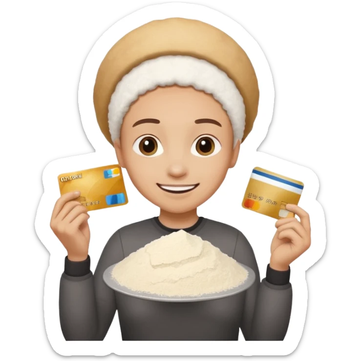 happy emoji with credit card in hand and a pile of flour sticker
