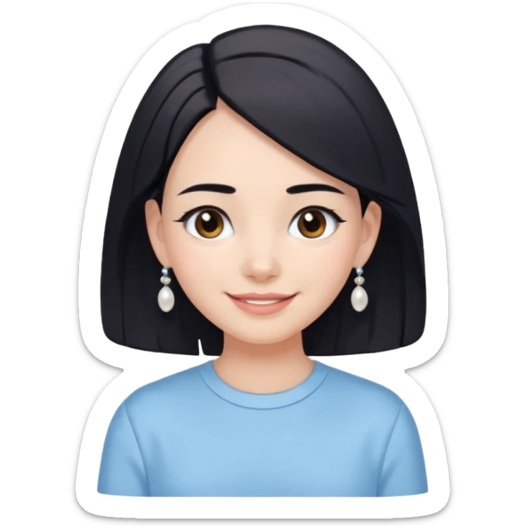  emoji of a smiling girl with a long bob haircut in black-brown color, fair tan skin, soft black eyebrows, and brown eyes. She's wearing a pastel blue shirt, has pearl earrings, and white clean hair clips. Her look is fresh and minimal clean girl aesthetic. Use a white background, sticker