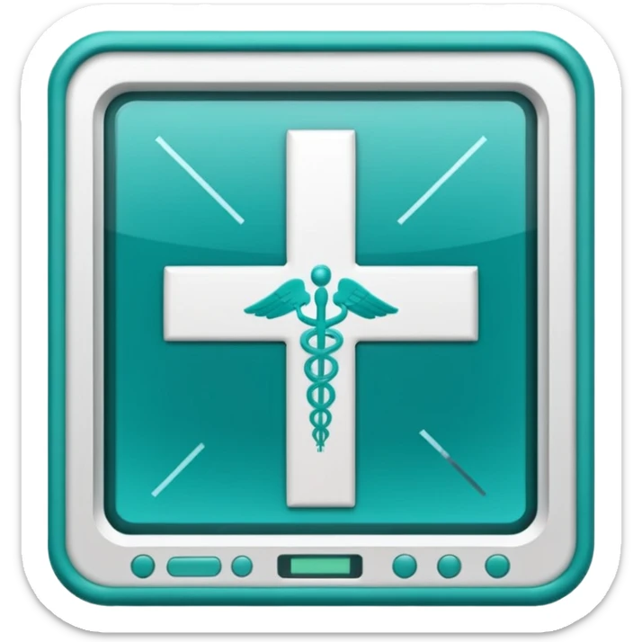 Emoji-style icon of a medical cross inside a scan frame with data lines, symbolizing AI disease detection. Simple emoji design, teal and white theme, no text, transparent background. sticker