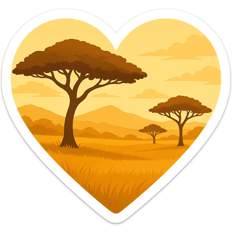 heart with a golden savanna and acacia trees, clean digital illustration, no background sticker