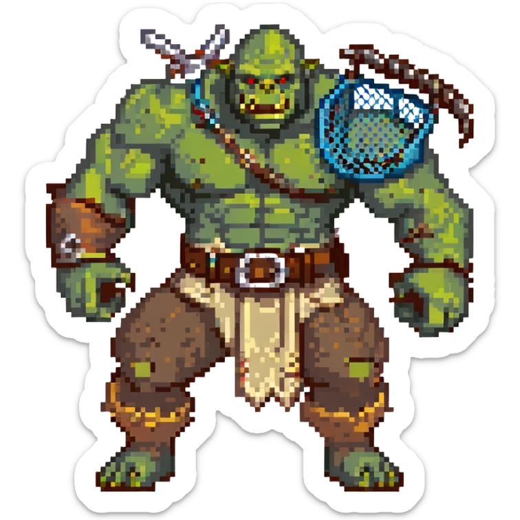 orc male Belt of defeated "Pesky Sand Crab" claws, flexing with a net full of loot. sticker