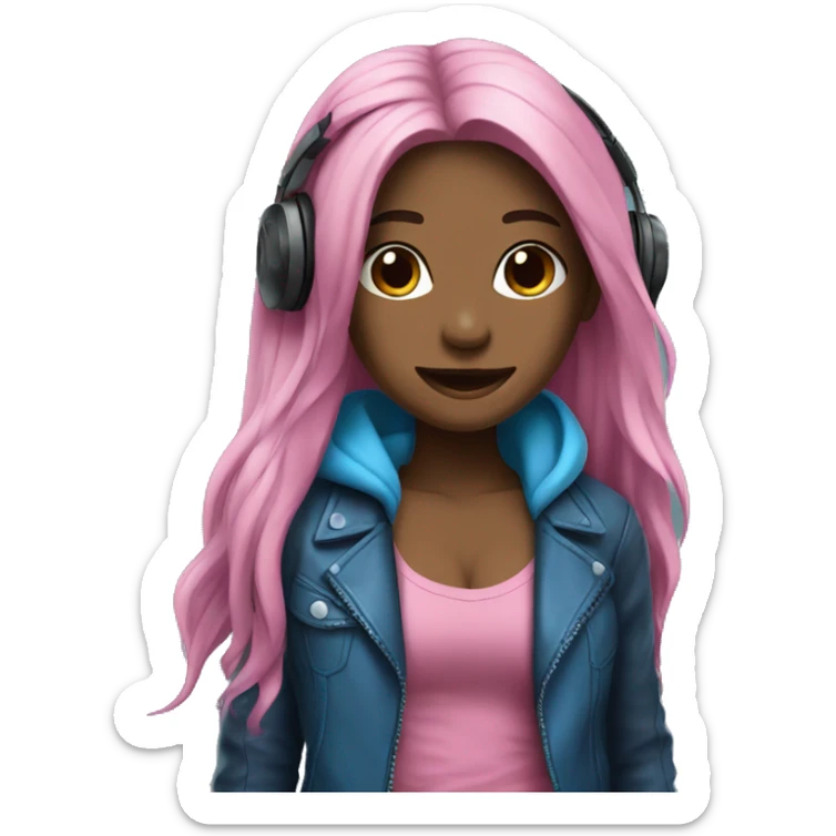 hot rock; leather; girl; pink and blue long hair with headphones sticker