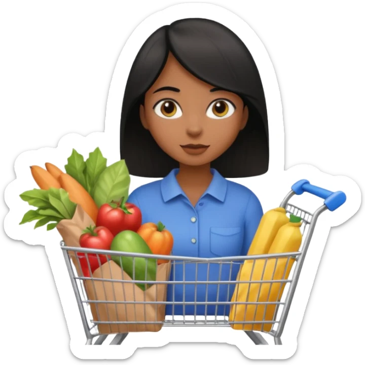 Uma menina morena cabelo liso preto olhos puxados fazendo compra sticker