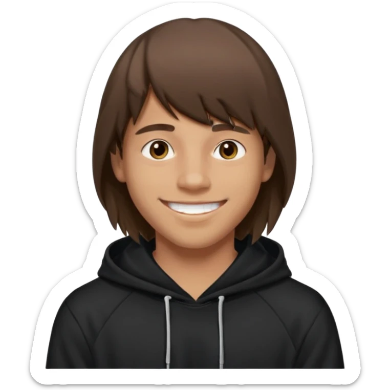 20 yr old man, brown hair, straight, big smile, white teeth, tanned skin, bangs, black hooded sweatshirt, long hair in back, center-parted bangs sticker
