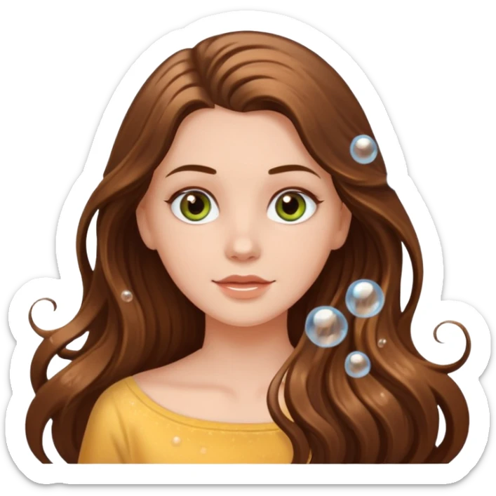 white long brunette hair girl with hazel eyes in the shower putting shampoo in with lots of bubbles sticker