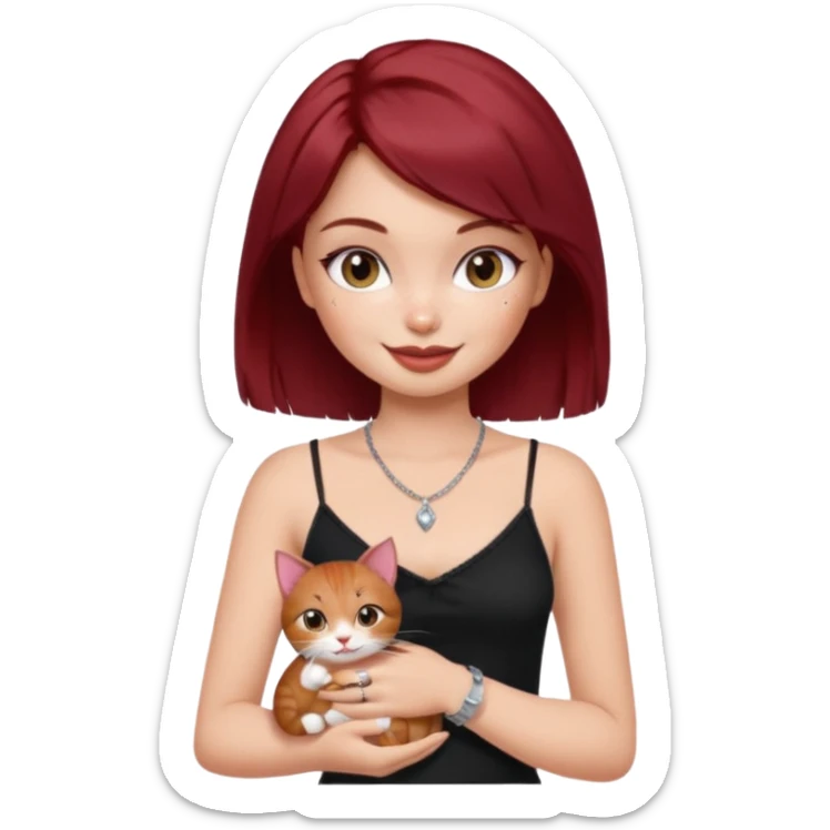 generate a pretty bratz girl with short dark red hair holding a cat smiling. Wearing a black cami sticker