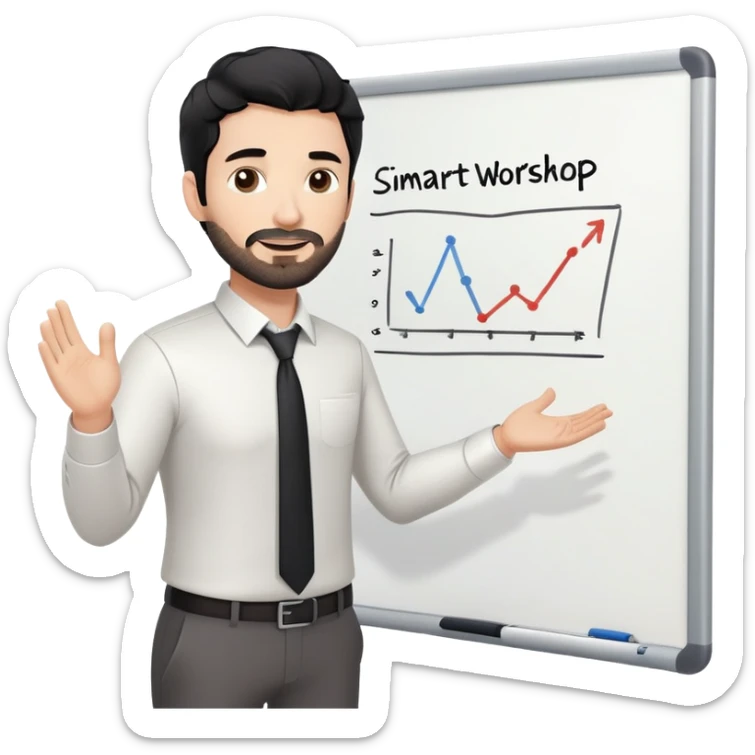 Professional 35-year-old man with black wavy hair, stubble, strong jawline, white skin tone, wearing smart casual business attire, standing in front of a diverse group, facilitating an interactive leadership workshop with whiteboard and participants sticker