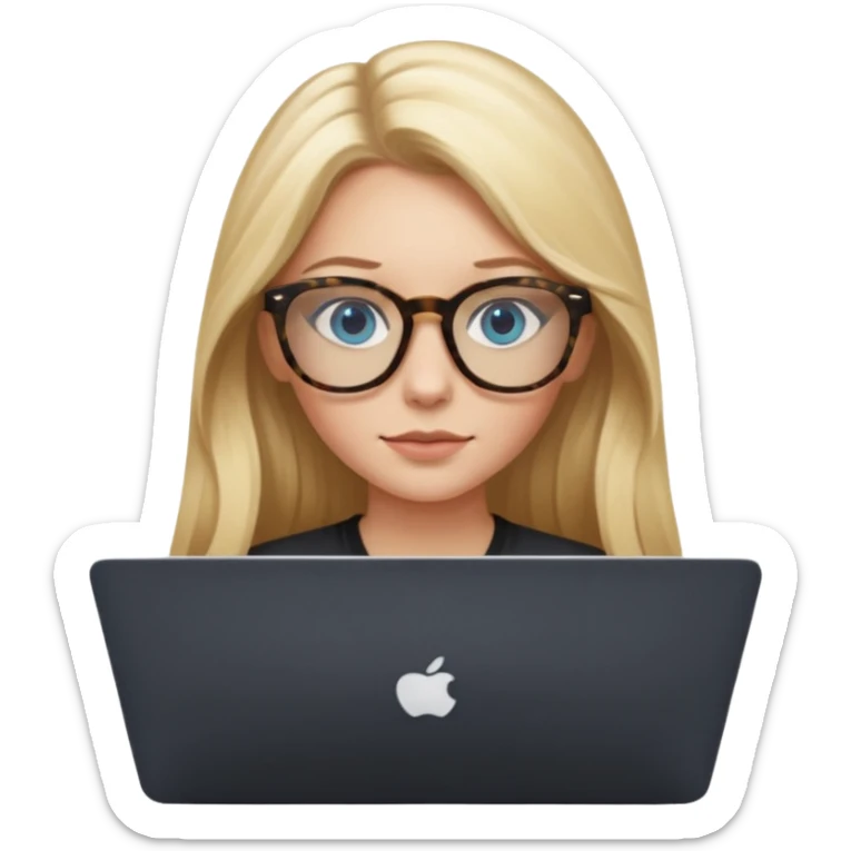 long blonde hair woman blue eyes on mac lap top with tortoise shell print glasses with black shirt sticker