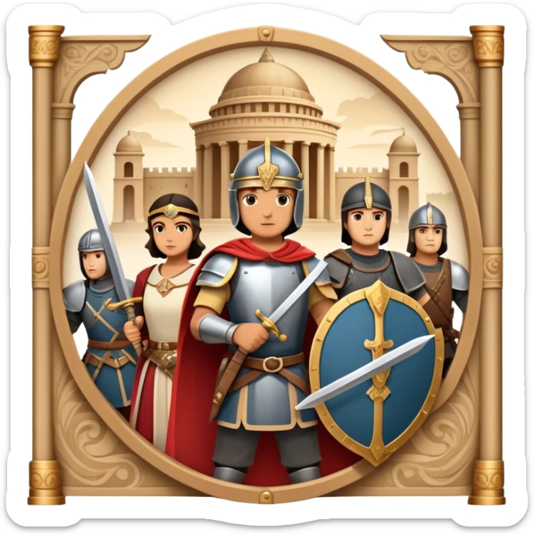 Icon for Historical Movies: A vintage movie poster-style design with elements of ancient architecture, historical figures in period costumes, and a backdrop of a historical event or battle. Include scrolls, swords, and shields. Retro cinematic feel. Transparent background. sticker