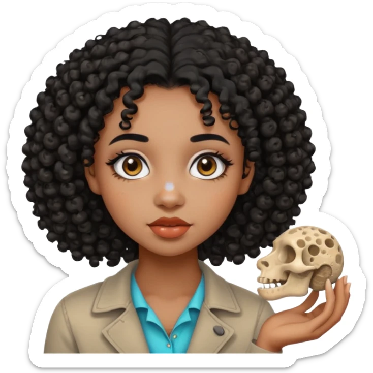 Fille de couleur de peau noir Avec des cheveux bouclés, des yeux de deux couleurs différentes, un petit nez, des lèvres pulpeuses un peu de blush sur les pommettes Highlighter sur le nez fossiles sticker