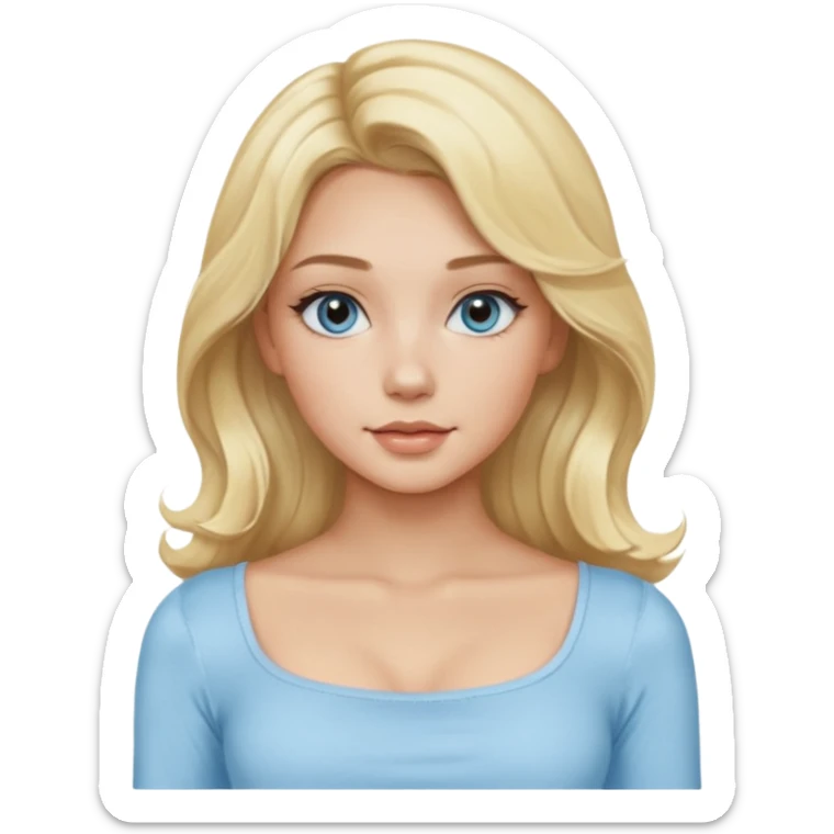 pretty girl blonde soft wavy long hair middle part makeup light baby blue skin tight square neckline long sleeve top sticker