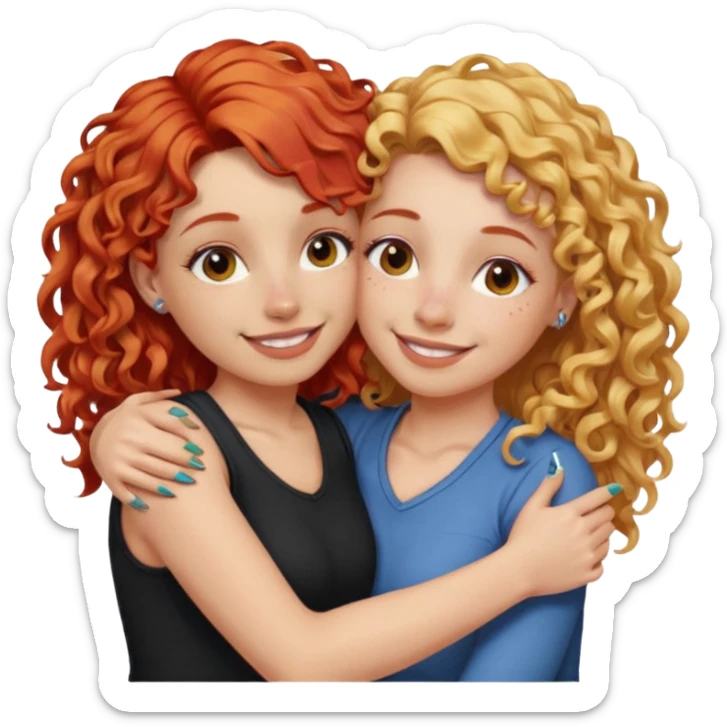 A woman with pencil straight, blonde hair and a nose piercing and a woman with curly red hair and a nose piercing are hugging and smiling together. sticker