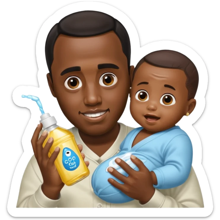 Sean “Diddy” Combs with baby oil and a very small infant and he’s pouring the baby oil on the baby and they have a scared face they’re really scared while diddy is happy sticker