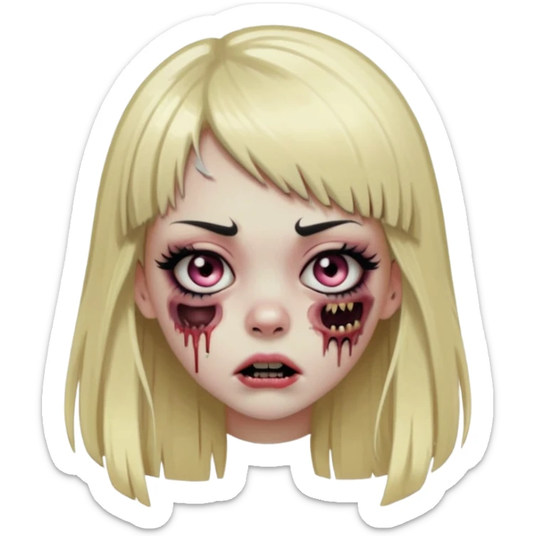 zombie girl emoji with long straight blonde hair, bangs, dramatic eyelashes, eyeliner, blush, mouth and ear piercings sticker