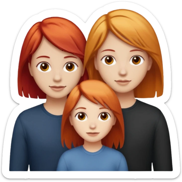 Can you create an image of 3 friends together one with red bright hair light skin one the other with brown hair with some blonde highlights in the hair fair skin the last one with light brown a tint of orange hair and Brown hair sticker