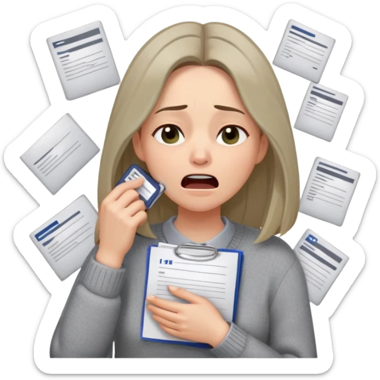 Gender: Female Hair: Shoulder-length straight hair with middle parting Face: Mild double eyelids with dark circles, faint frown Clothes: Gray knit sweater, ID badge on lanyard Action: Carrying overflowing文件堆 while yawning sticker