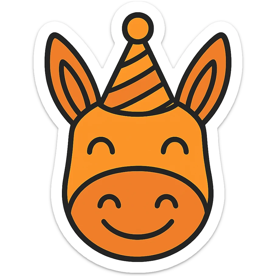 Add a colorful party hat with orange tones to the happy donkey head icon, in color outline style, with no background. sticker