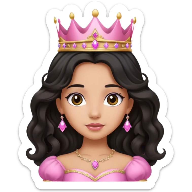 Very very tanned princess, with long black wavy hair and crown and an pink princess outfit with a cute pose sticker