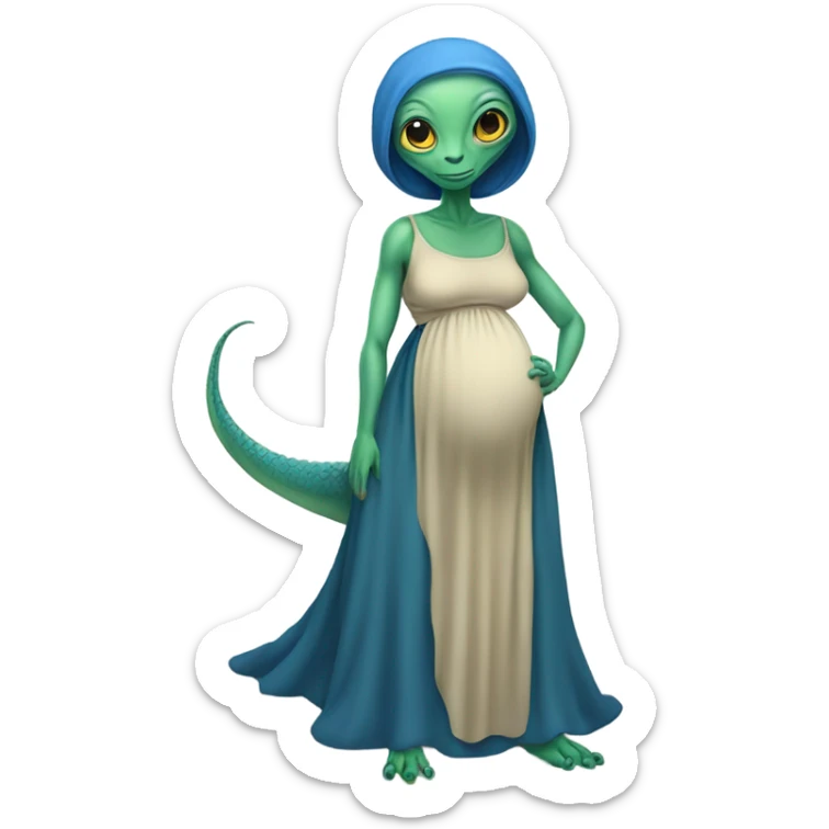 Pregnant Reptilian alien woman, full body in blue dress sticker