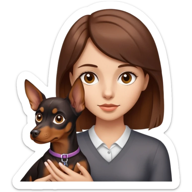 a girl with brown hair in a side part, brown eyes, holding a mini doberman pincher sticker