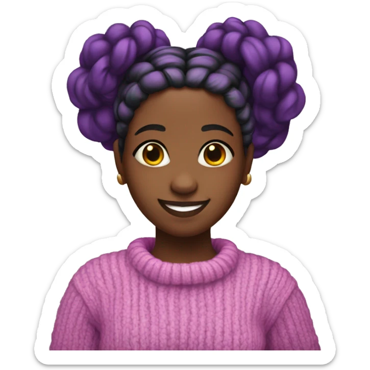 A black girl with braided hair and purple streaks and a pink sweater smiling sticker