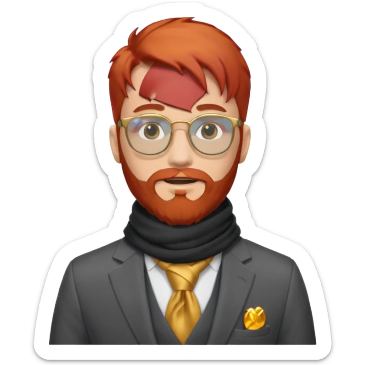 gray scarf, male,  beard, red hair, with suit, gold glasses sticker