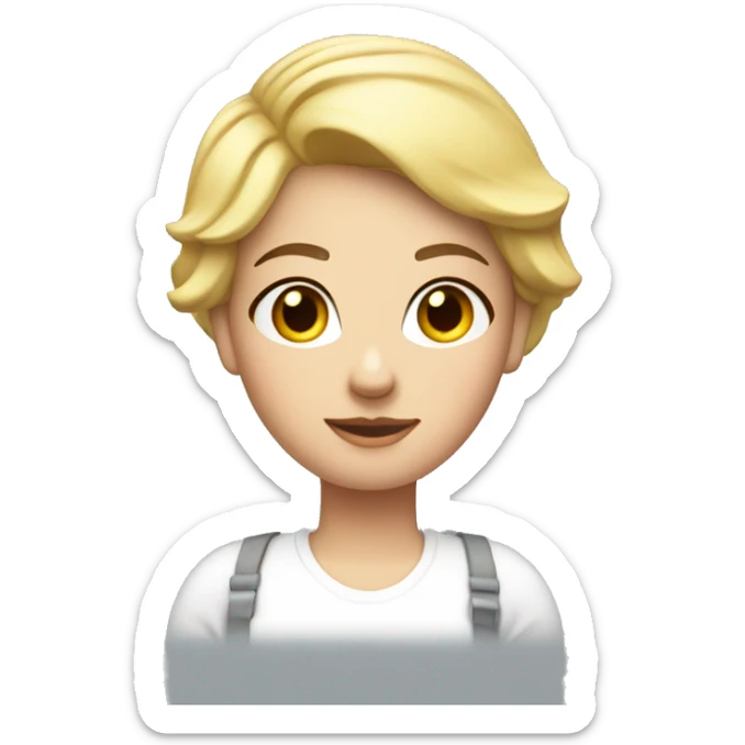 Blond short hair woman with curvy body. White shirt and jeans. Construction helmet on hands sticker