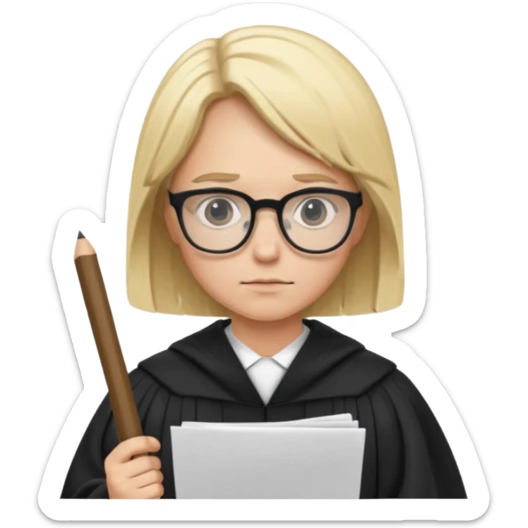 Young judge, blonde hair with glasses and robe, hold a paper sticker