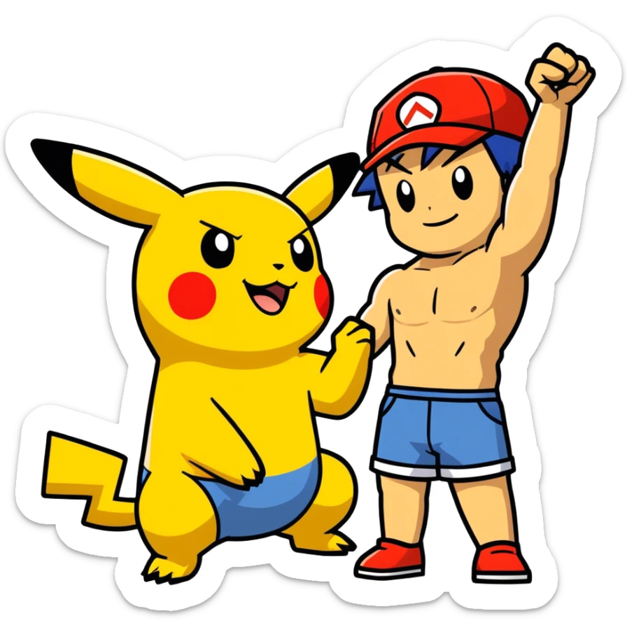 Hot handsomeb muscular 6ft 5inch tall smiling happy fun shirtless Ash Ketchum and friends, one fist raised in celebration the other hand on the front of  his thigh Pikachu on the floor looking up sticker