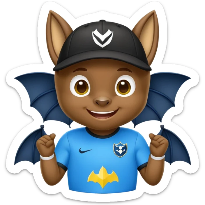 Cheeky little bat mascot for FC Rostov football club, wearing black goalkeeper cap like Lev Yashin, in yellow and blue team colors, mischievous expression, cute bat with big smile sticker
