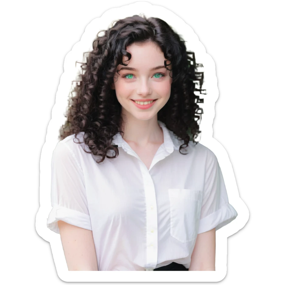girl with thick dark black wavy curly hair almond green eyes pale skin smiling wearing white shirt sticker