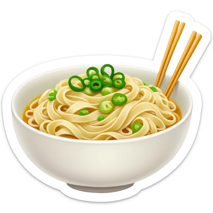 Shanghai Scallion Oil Noodles with green onion topping, simplified emoji style with bold outlines and bright colors, cartoon style simple Cong You Ban Mian sticker